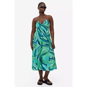 H&M Blue Green Halter Midi Dress Smocked Back Cotton Summer Size M